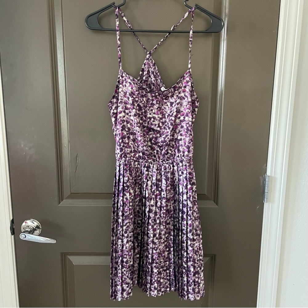 Necessary Objects Purple Silver Gray Patterned Pleated Dress V Back Size S
